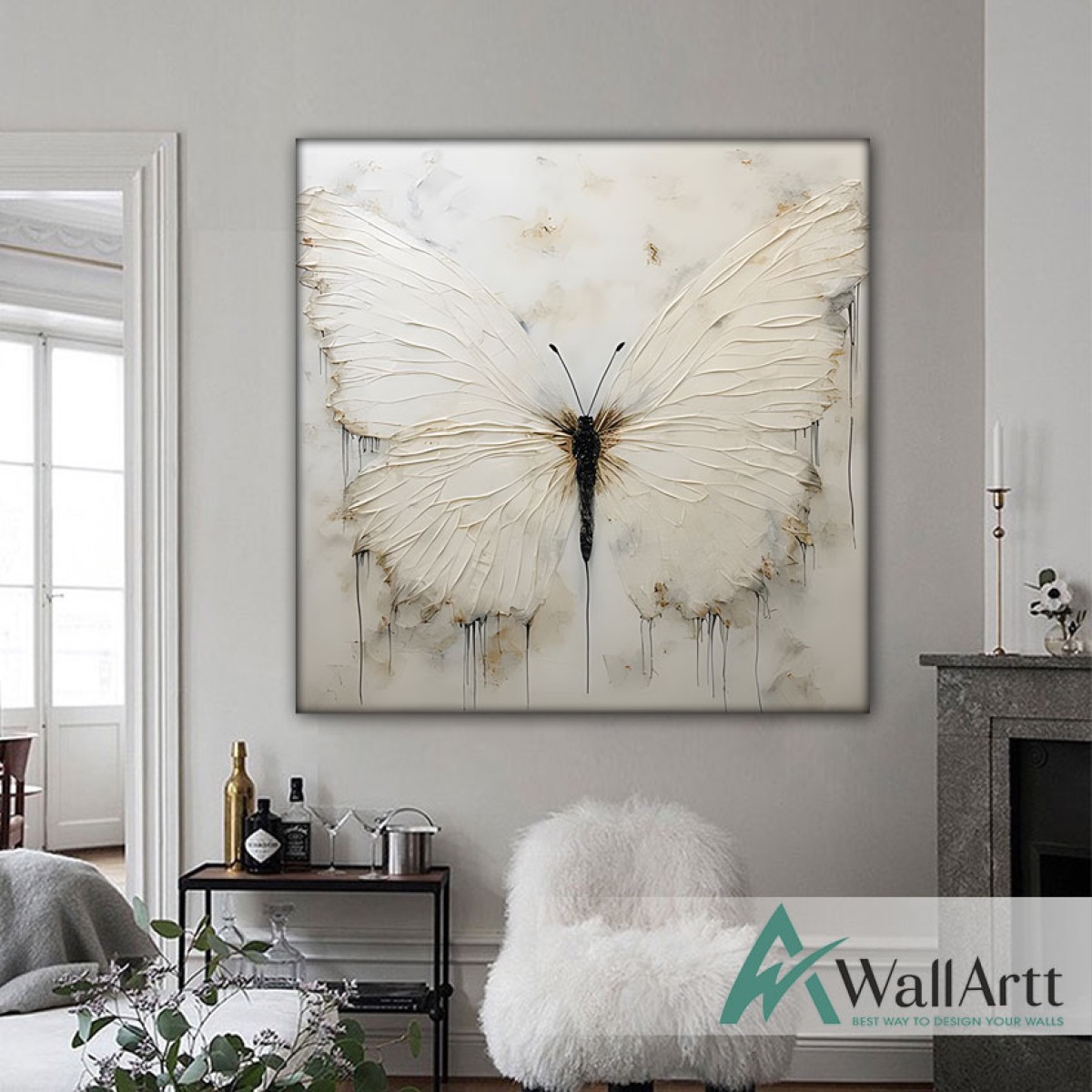 Cream Butterfly Textured Partial Oil Painting - Wall Art